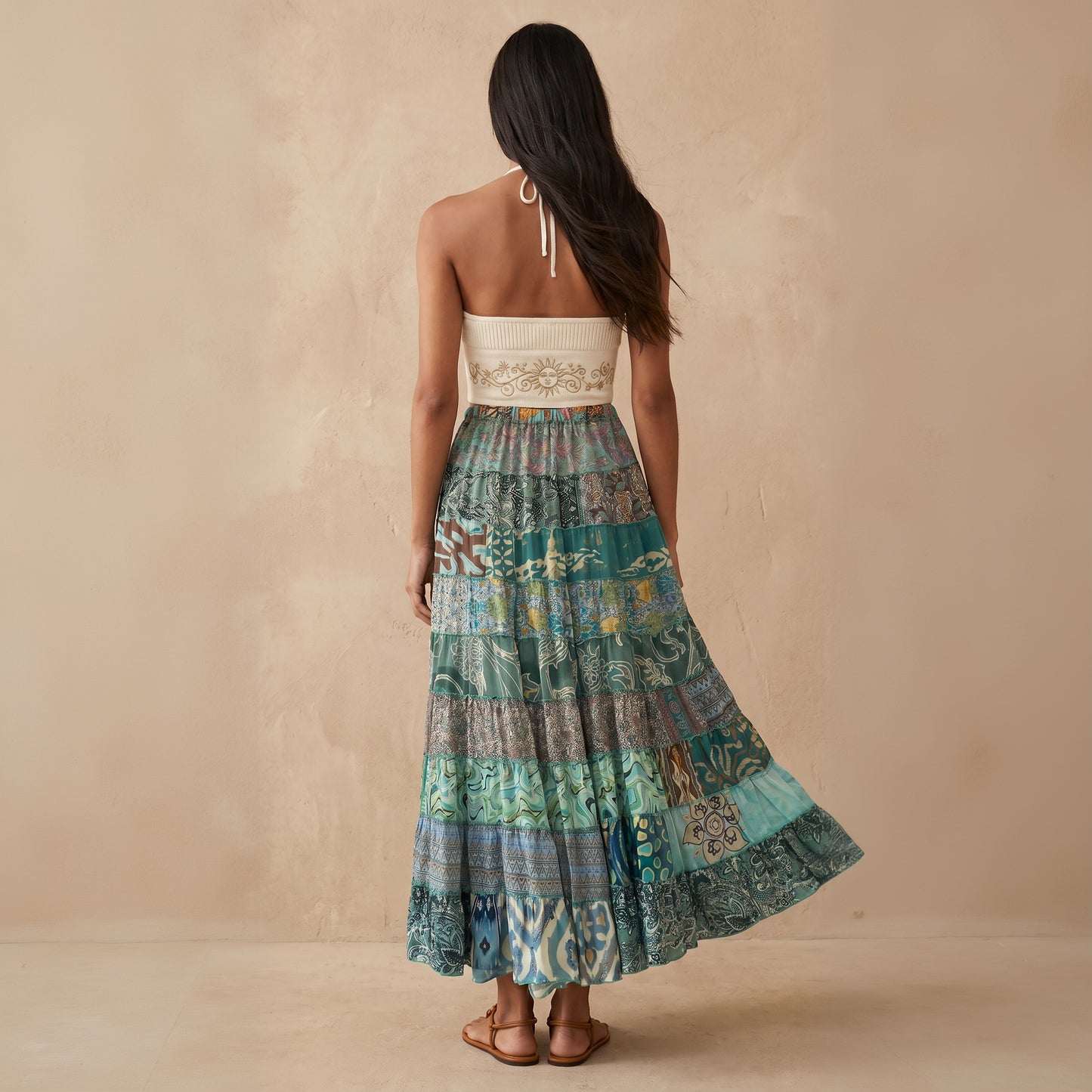 Patchwork Silk Skirt Sea