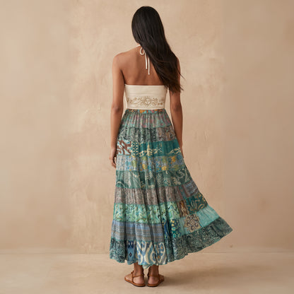 Patchwork Silk Skirt Sea