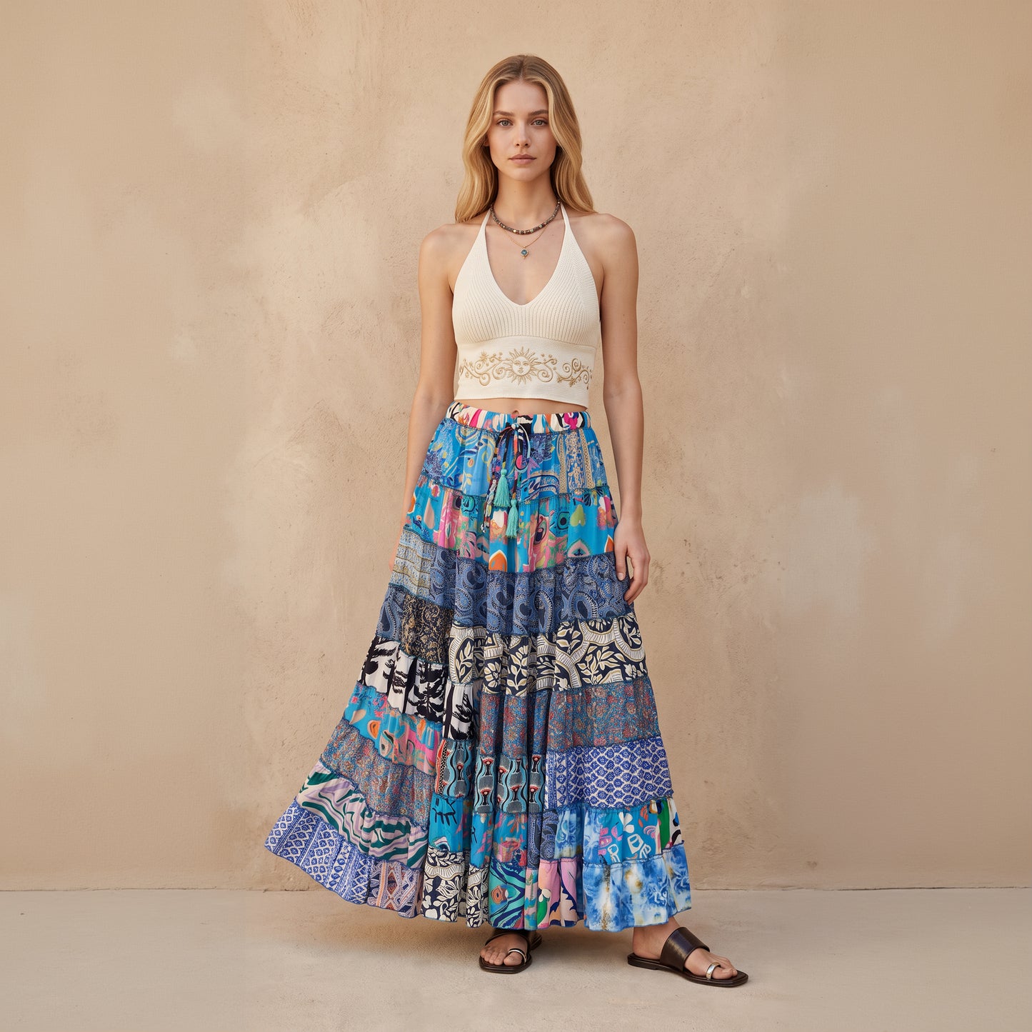 Patchwork Silk Ruffle Skirt| Blue Sky