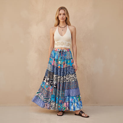 Patchwork Silk Ruffle Skirt| Blue Sky