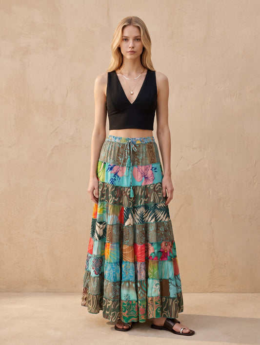 Patchwork Silk Ruffle Skirt|Tropical