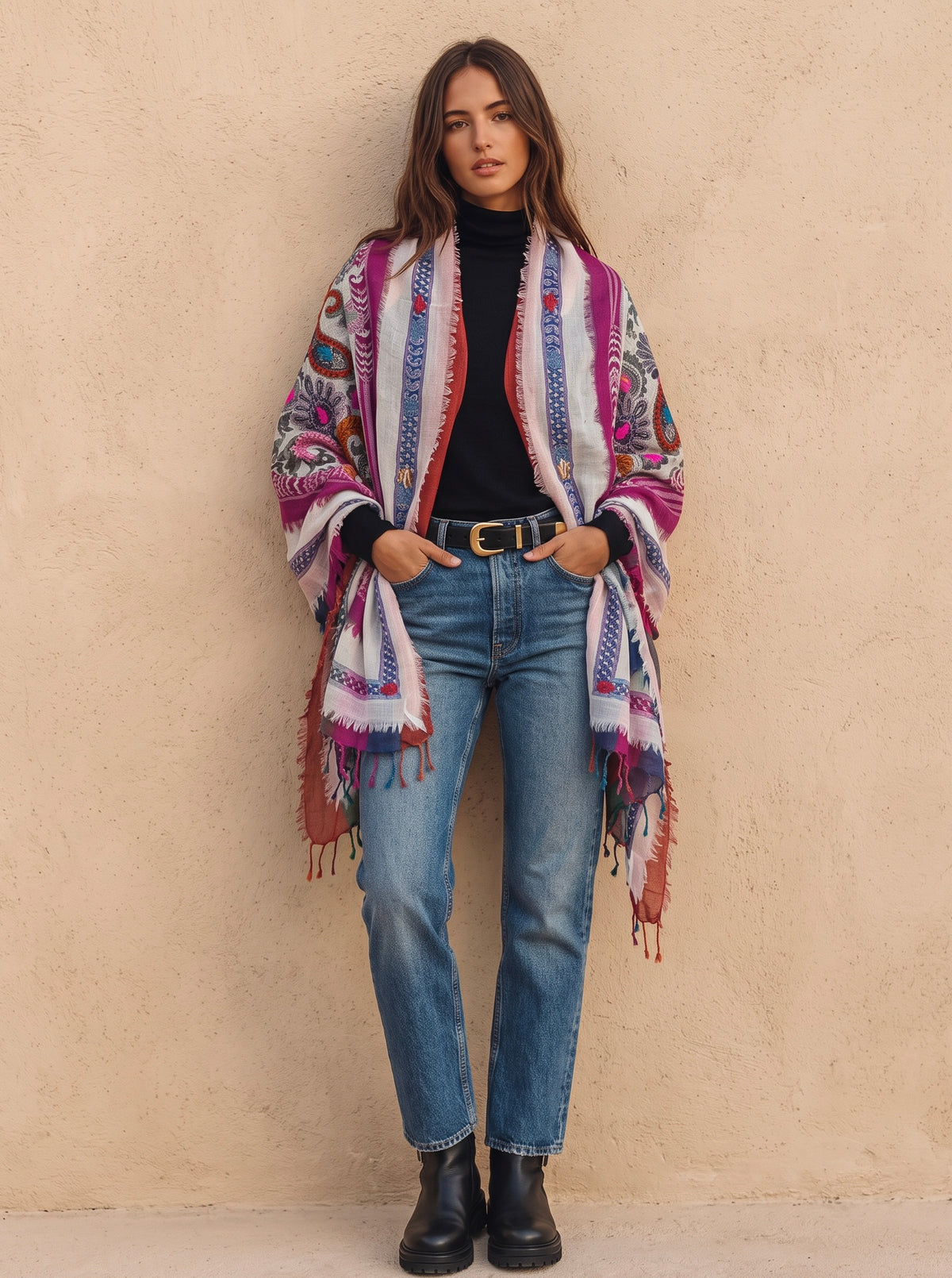 Tanvi Artisan 3 Layers Wool Scarf| Fuchsia