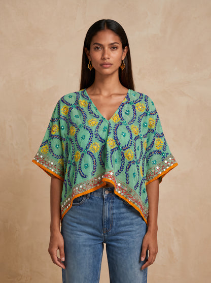 Azmiralda Hand Embroidered Crop Top| Greens