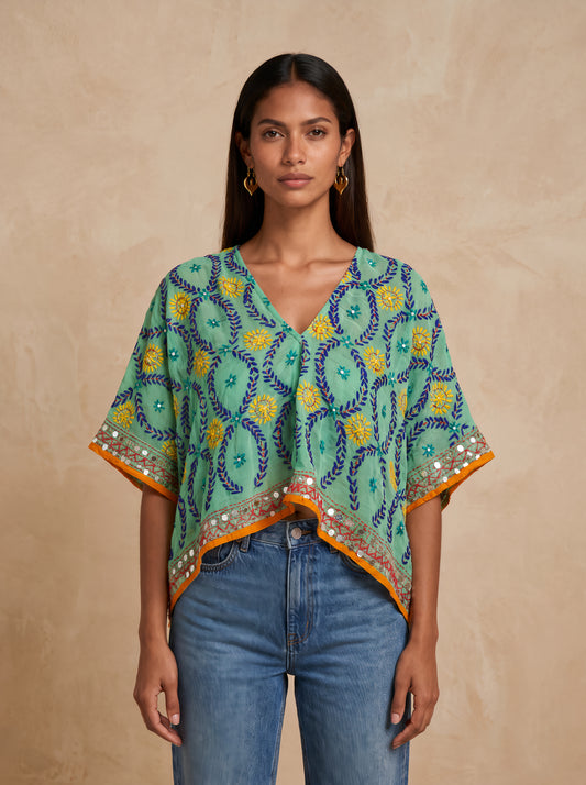 Azmiralda Hand Embroidered Crop Top| Greens