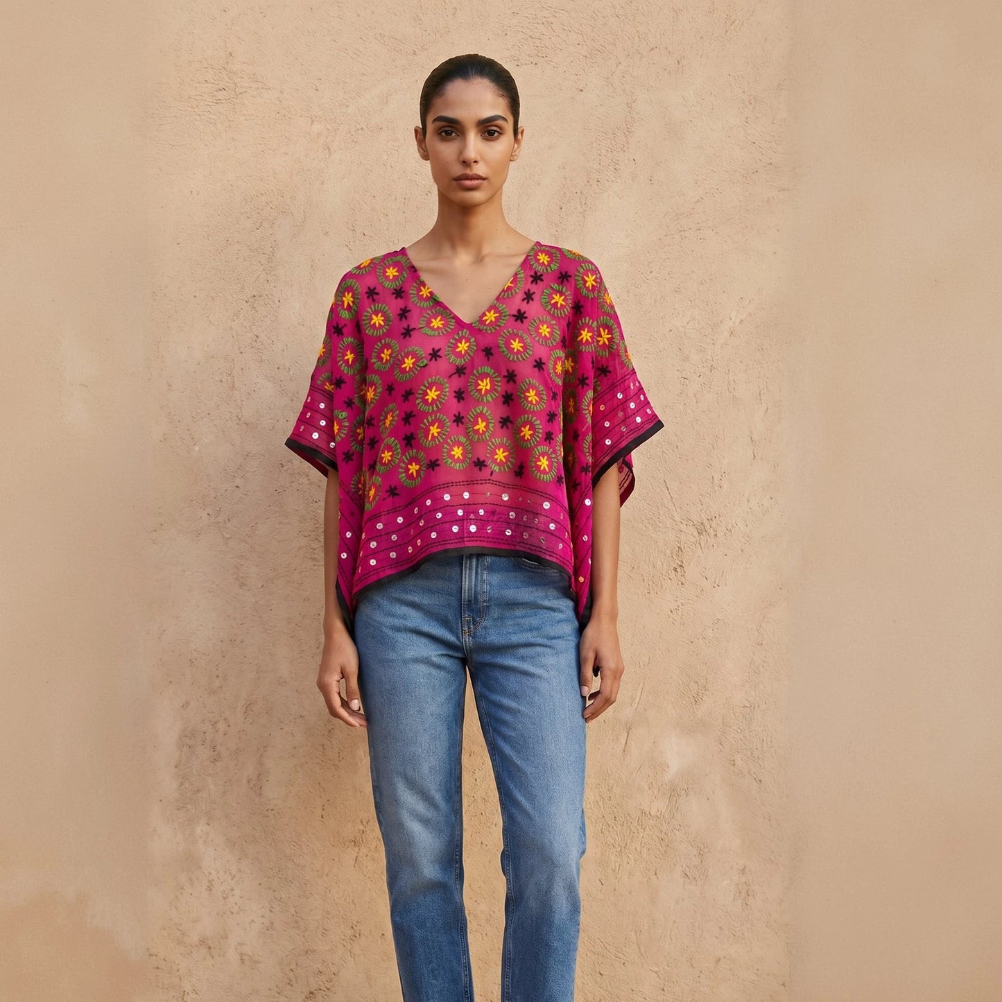 Azmiralda Hand Embroidered Top| Fuchsia