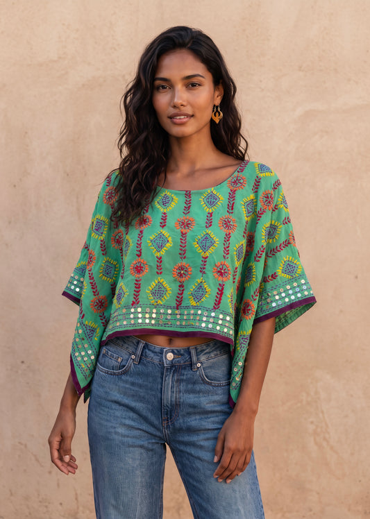 Azmiralda Hand Embroidered Top| Mint Greens