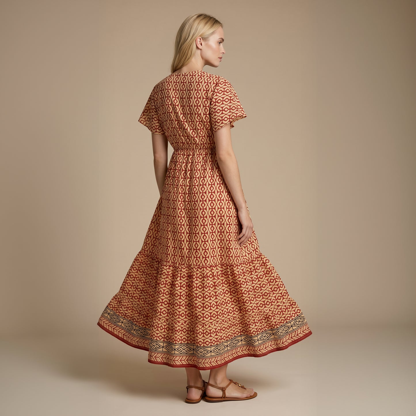 Kaya Block-Print Cotton Dress Maroon