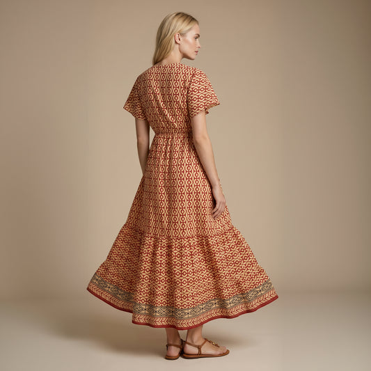 Kaya Block-Print Cotton Dress| Maroon