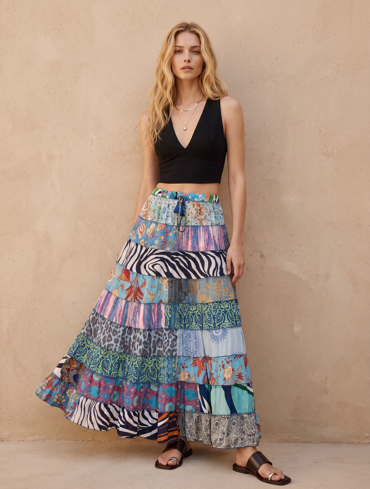 Patchwork Silk Ruffle Skirt| Ocean