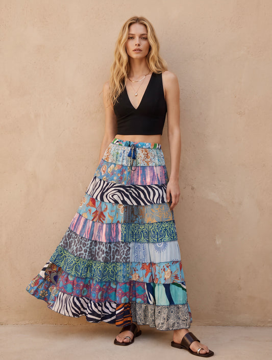 Patchwork Silk Ruffle Skirt| Ocean