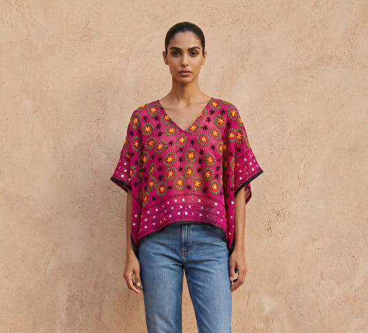 Azmiralda Hand Embroidered Top| Fuchsia