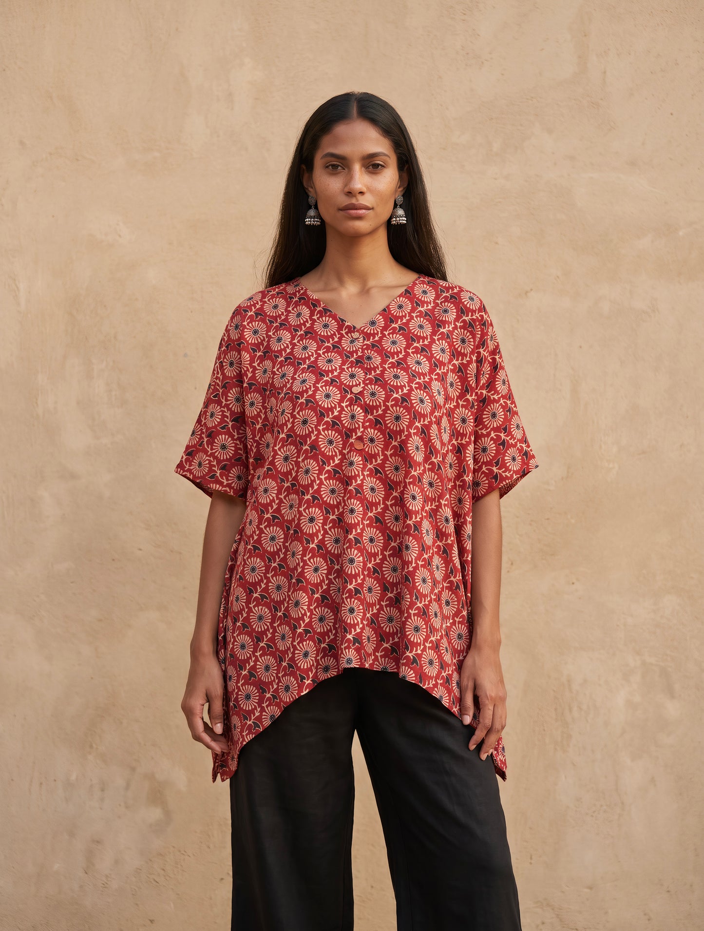 The Ajrakh Silk Kaftan Top|Maroon