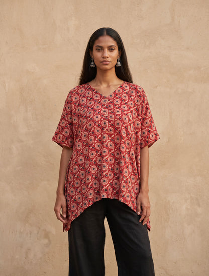 The Ajrakh Silk Kaftan Top|Maroon