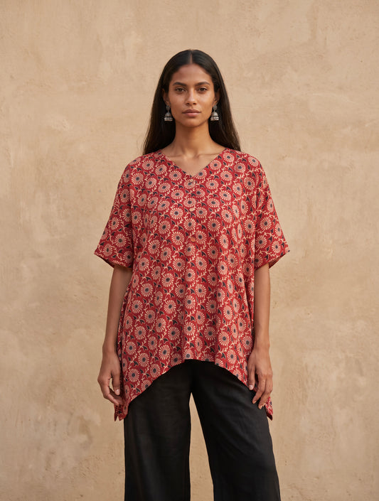 The Ajrakh Silk Kaftan Top|Maroon