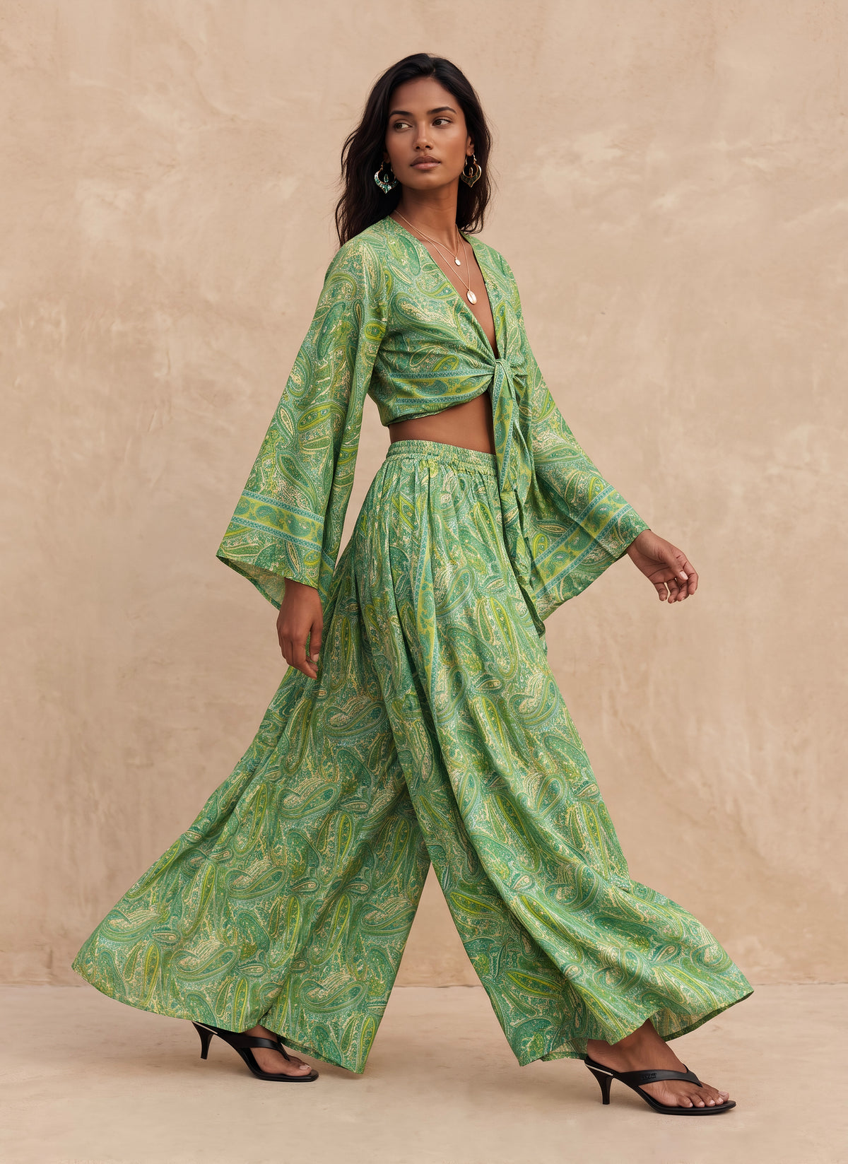 Kira Silk Cropped Top & Palazzo| Tropical Green