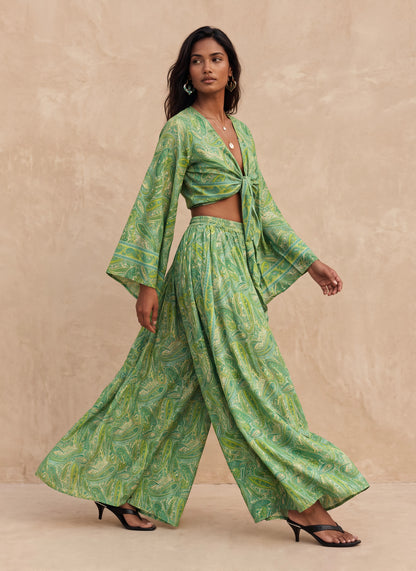 Kira Silk Cropped Top & Palazzo| Tropical Green
