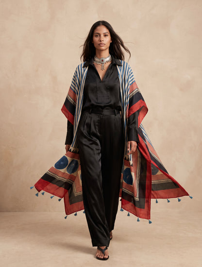 The Ajrakh Midi Silk Duster| Beige