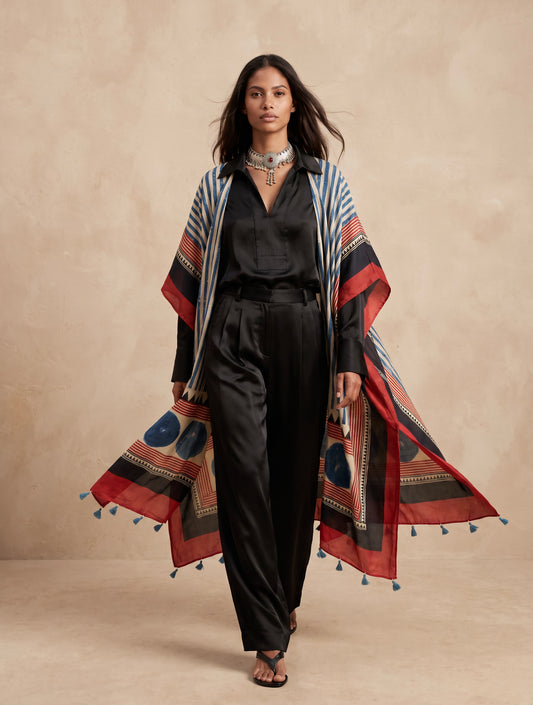 The Ajrakh Midi Silk Duster| Beige