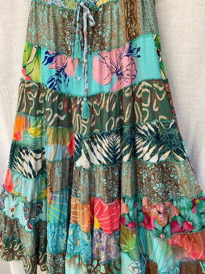 Patchwork Silk Ruffle Skirt|Tropical