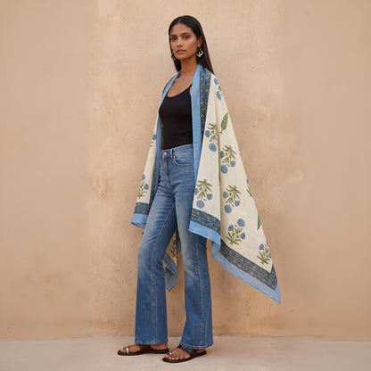 Ocean Floral Block Print Cotton Scarf & Wrap