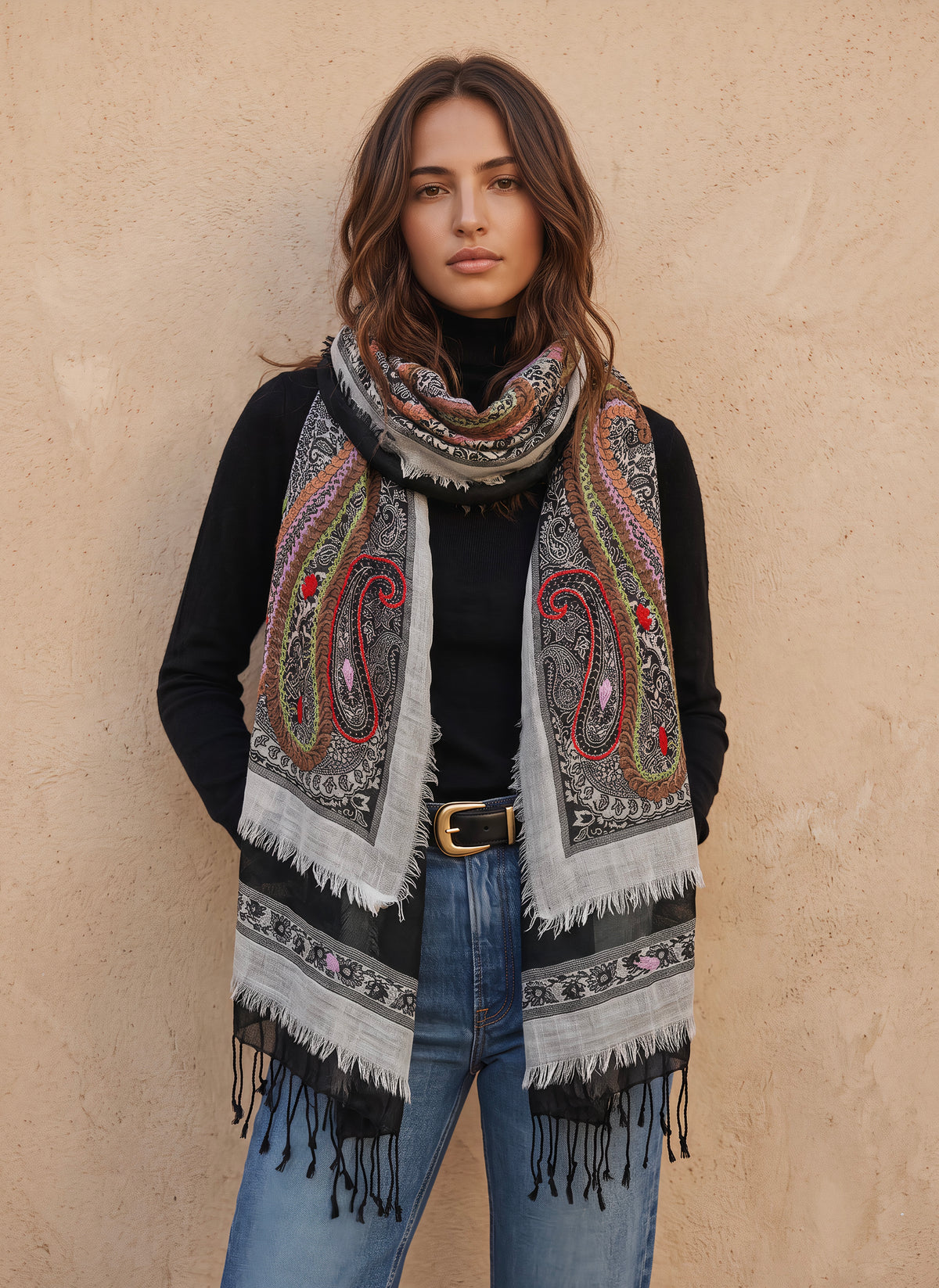 Tanvi Artisan 3 Layers Wool Scarf| Black