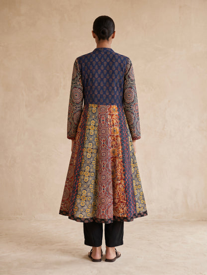 The Patchwork Ajrakh Cotton Duster| Navy Blue