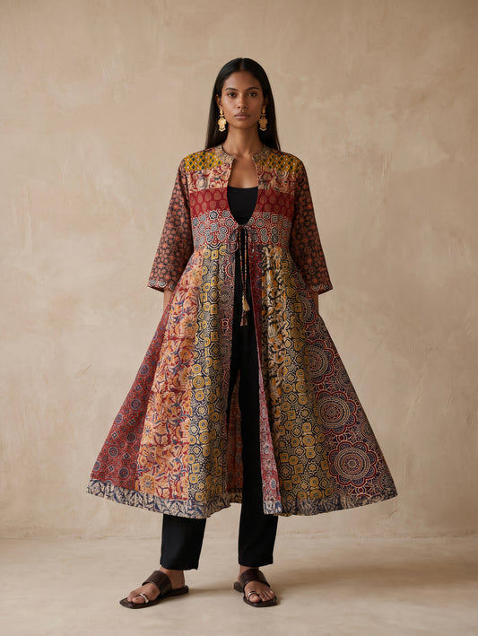 The Patchwork Ajrakh Cotton Duster| Maroonesh