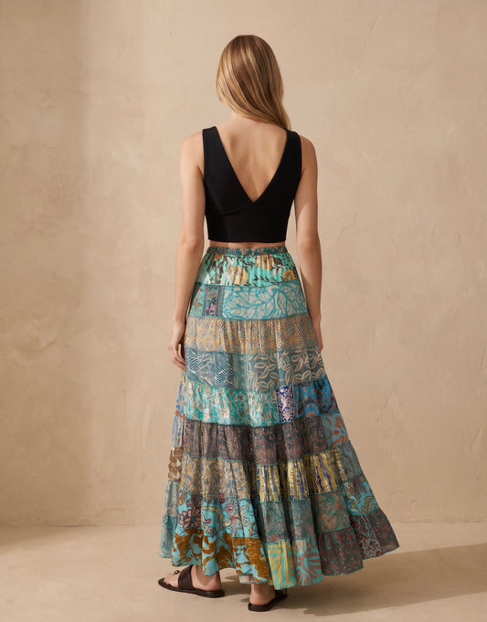 Patchwork Silk Ruffle Skirt| Seaweed