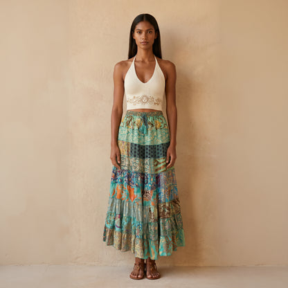 Patchwork Silk Skirt Aqua
