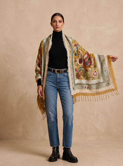 Tanvi Artisan 3 Layers Wool Scarf| Turmeric Green