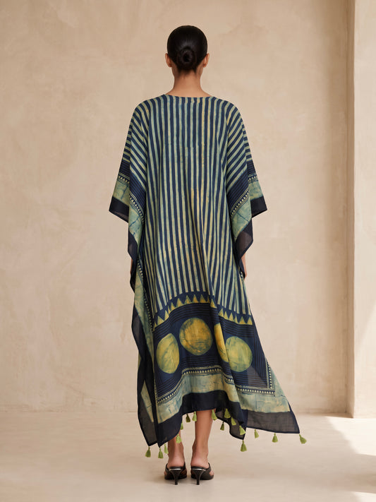 The Ajrakh Midi Silk Duster| Navy Blue Green