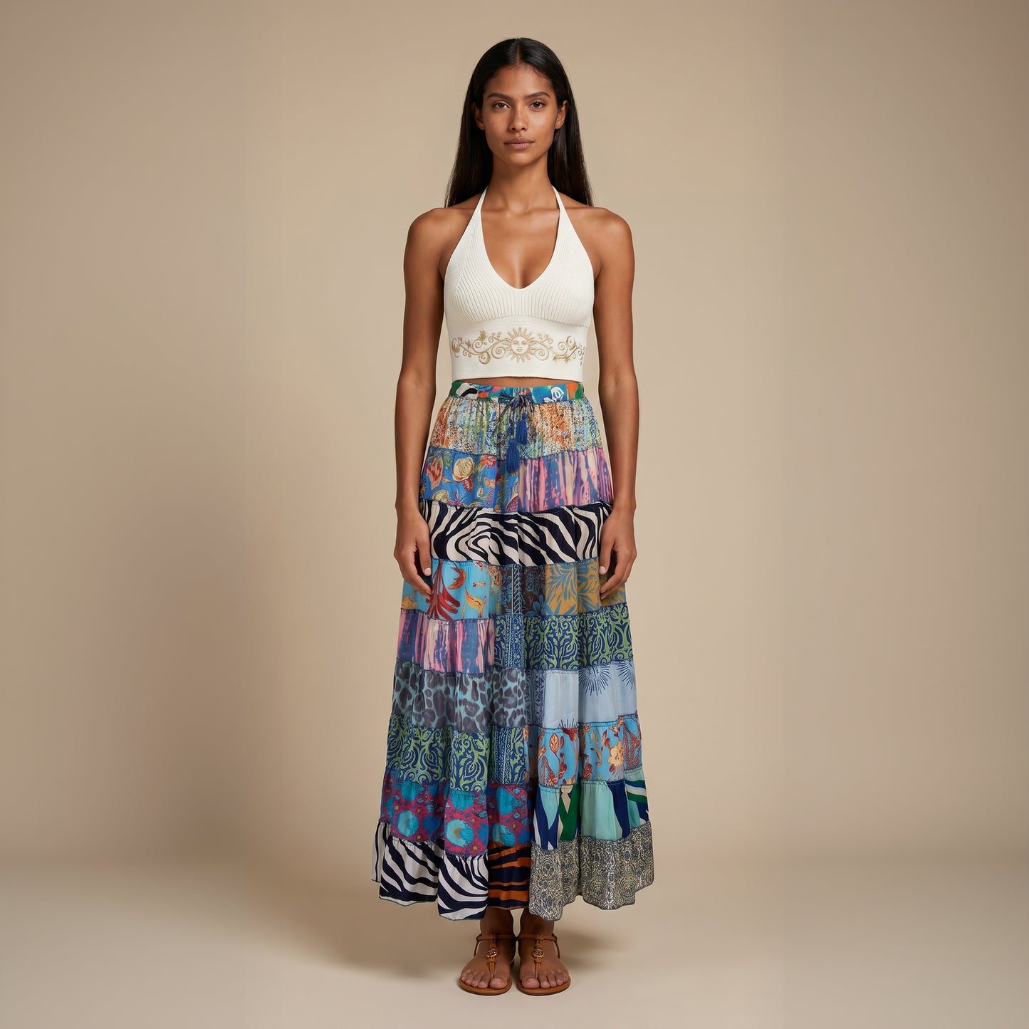 Patchwork Silk Skirt Ocean
