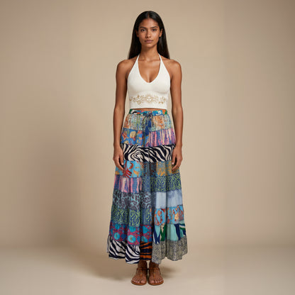 Patchwork Silk Skirt Ocean