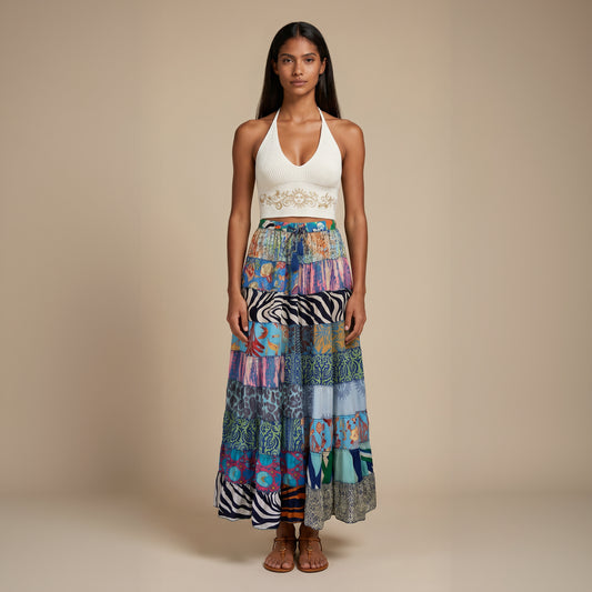 Patchwork Silk Ruffle Skirt| Ocean