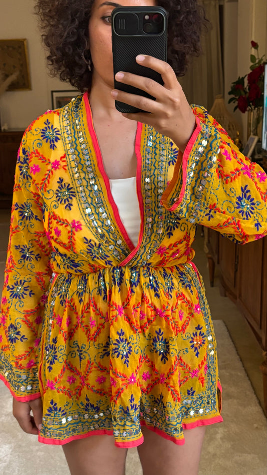 Calliope Hand Embroidered Dress in Yellow
