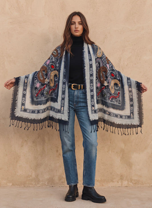Tanvi Artisan 3 Layers Wool Scarf| Navy Blue