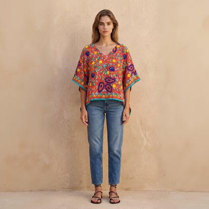 Azmiralda Hand Embroidered Top| Rust