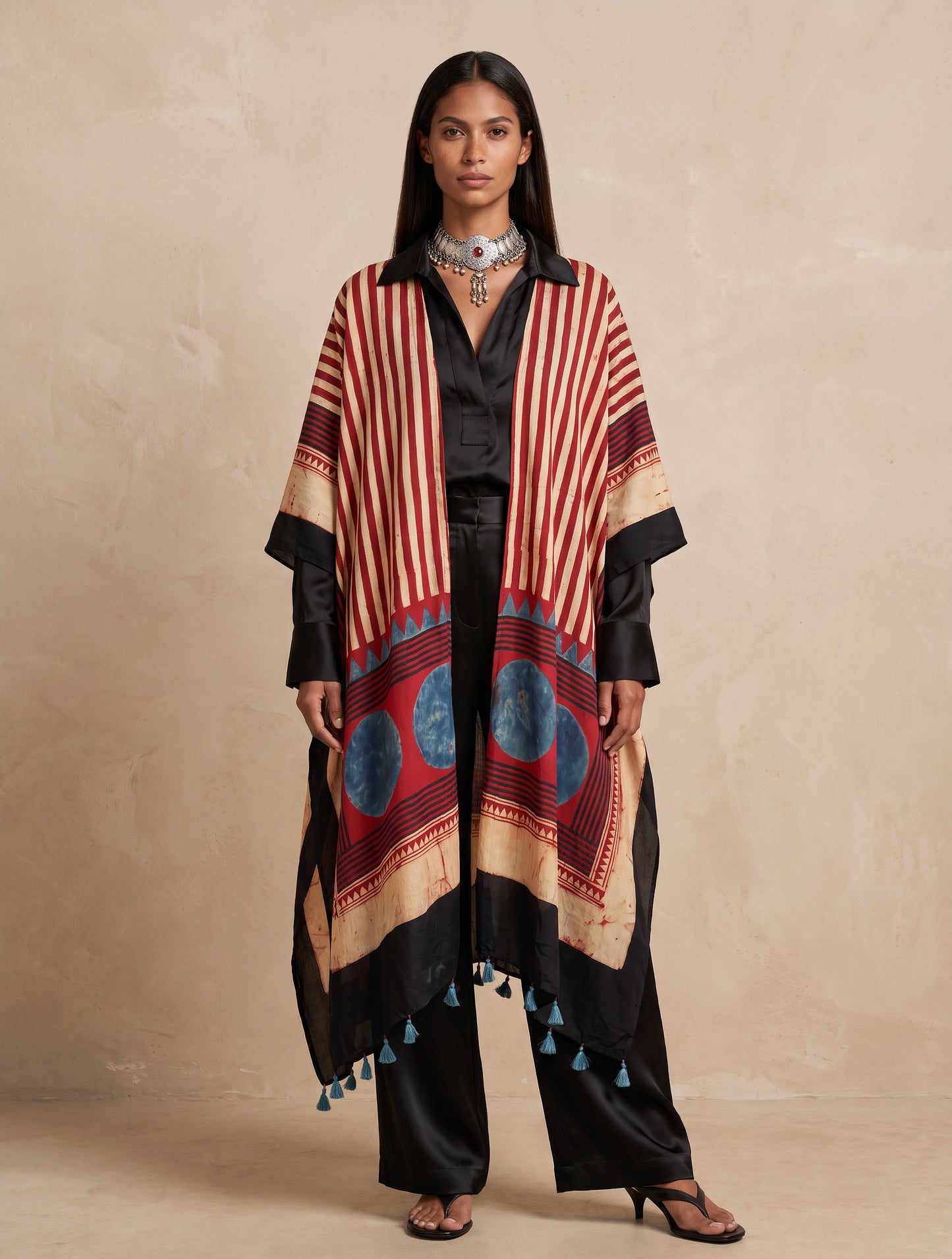 The Ajrakh Midi Silk Duster| Maroon