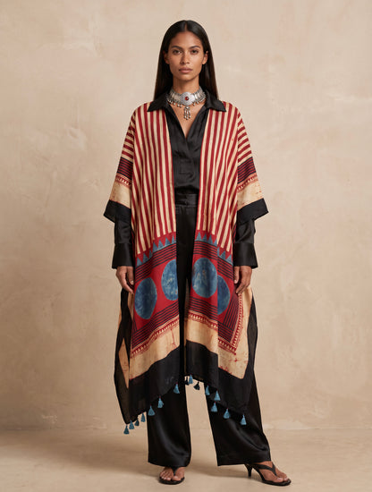 The Ajrakh Midi Silk Duster| Maroon