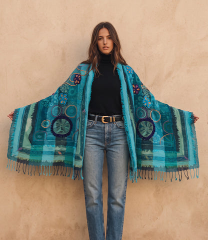Tanvi Artisan 3 Layers Wool Scarf| Teal Blue