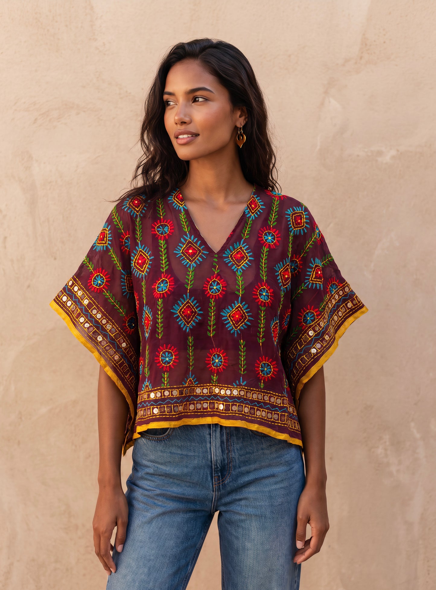 Azmiralda Hand Embroidered Top| Burgundy