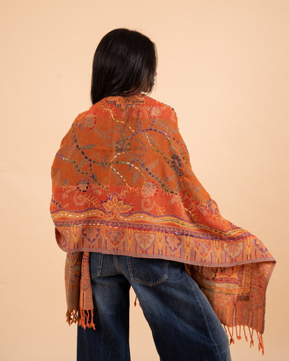 Astarte Woollen Embroidered Scarf: Ember