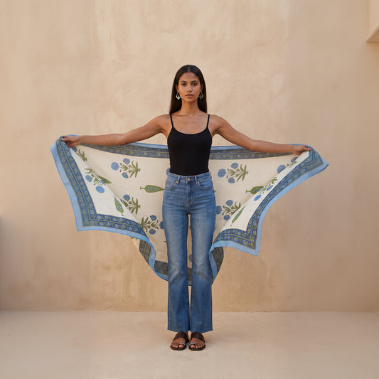 Ocean Floral Block Print Cotton Scarf & Wrap