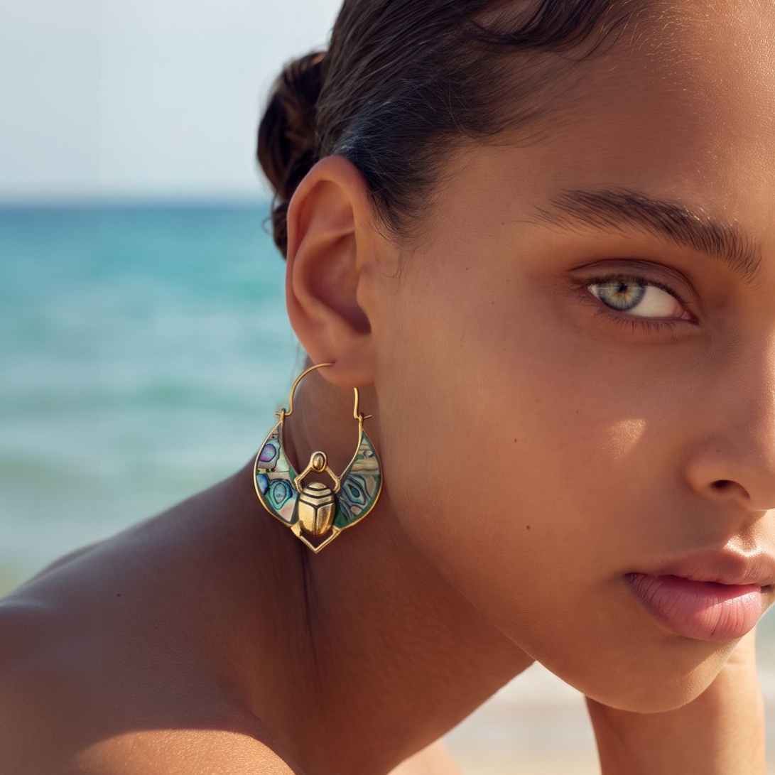 Handmade Scarab & Abalone Shell Earrings