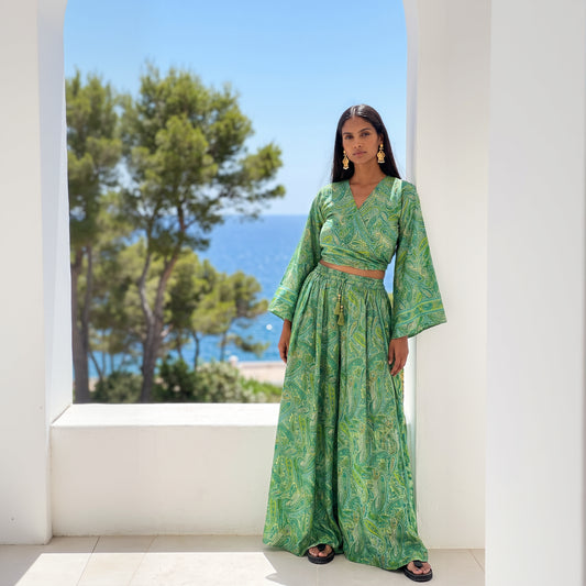 Kira Silk Pants & Top| Tropical Green