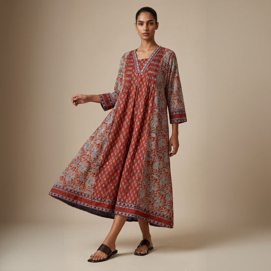 Paisley Heritage Cotton Dress|Maroon
