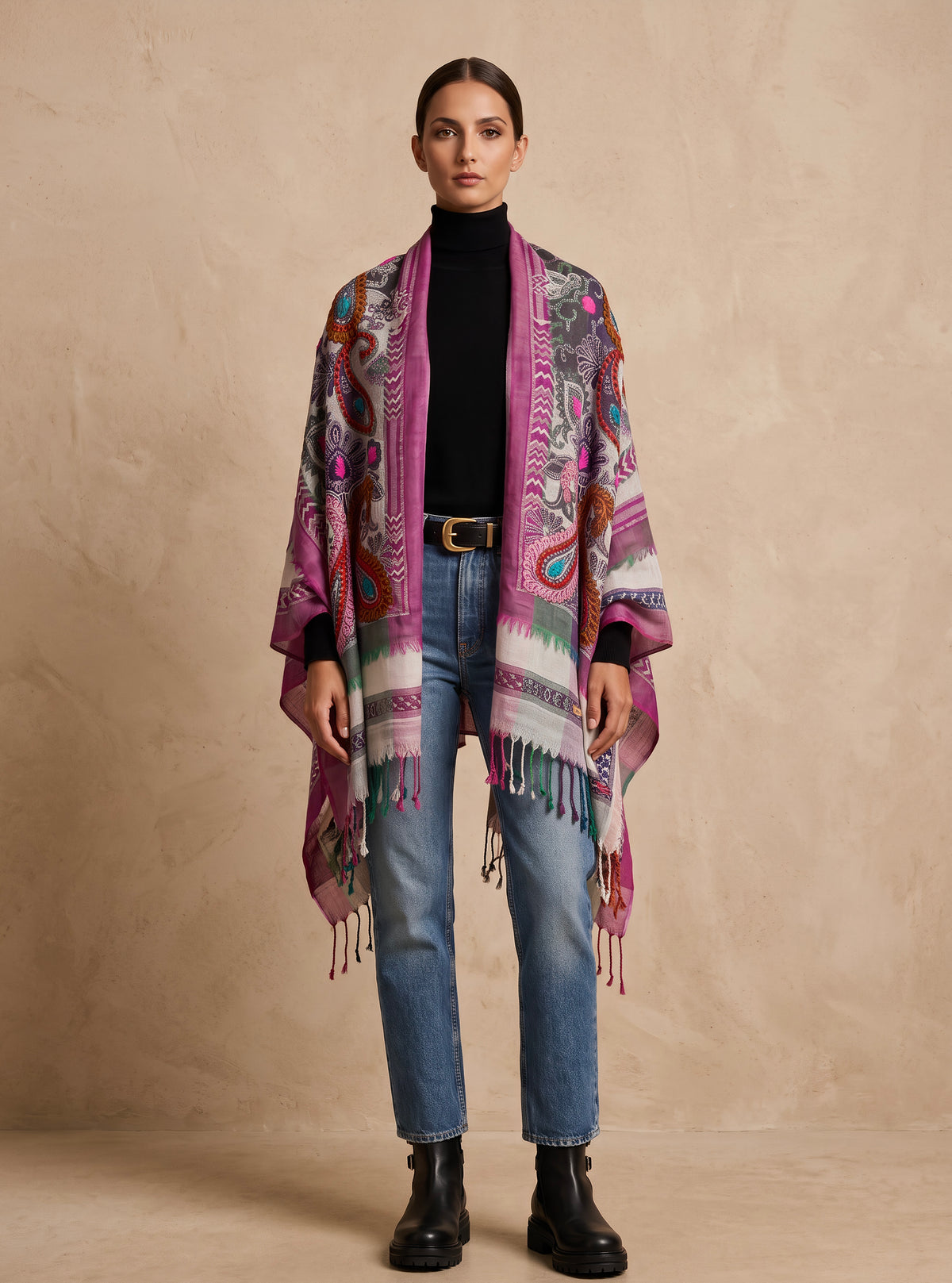 Tanvi Artisan 3 Layers Wool Scarf| Fuchsia