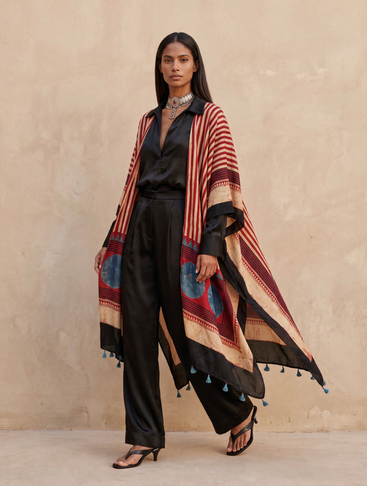 The Ajrakh Midi Silk Duster| Maroon