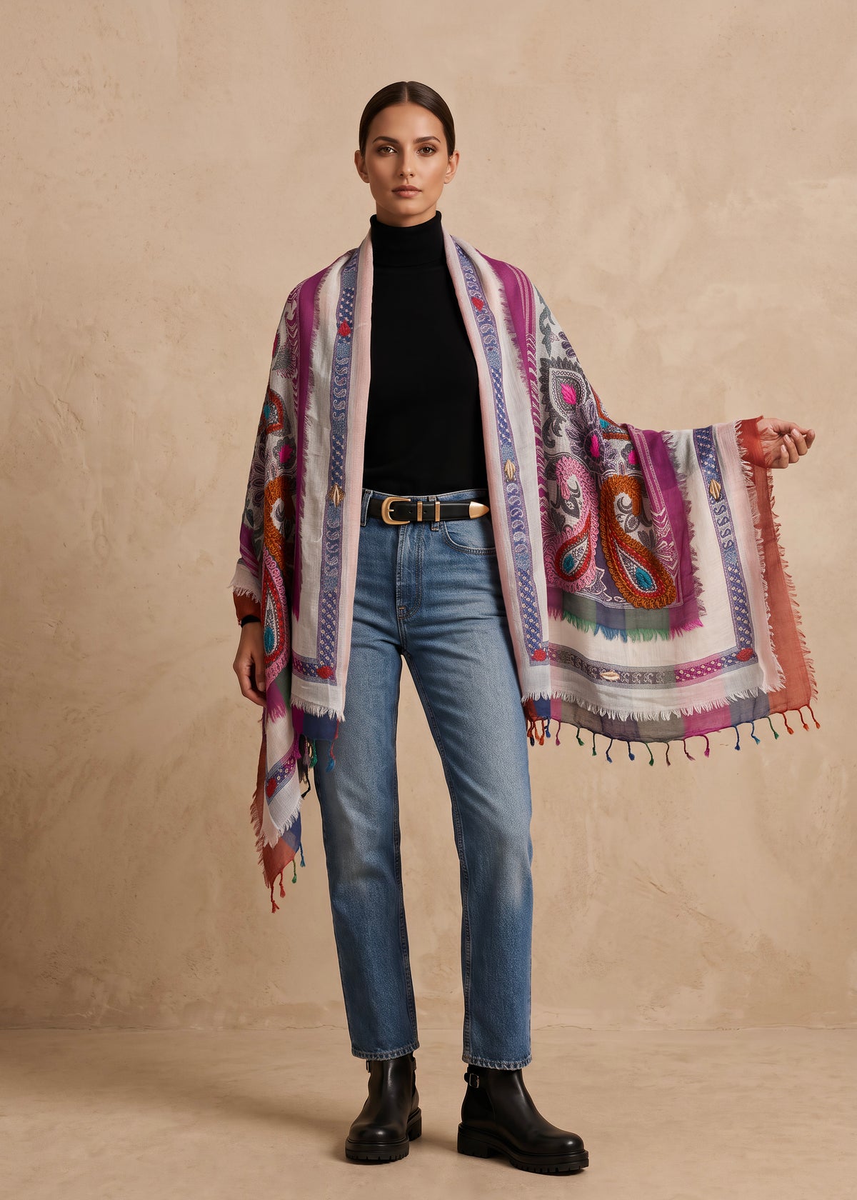 Tanvi Artisan 3 Layers Wool Scarf| Fuchsia