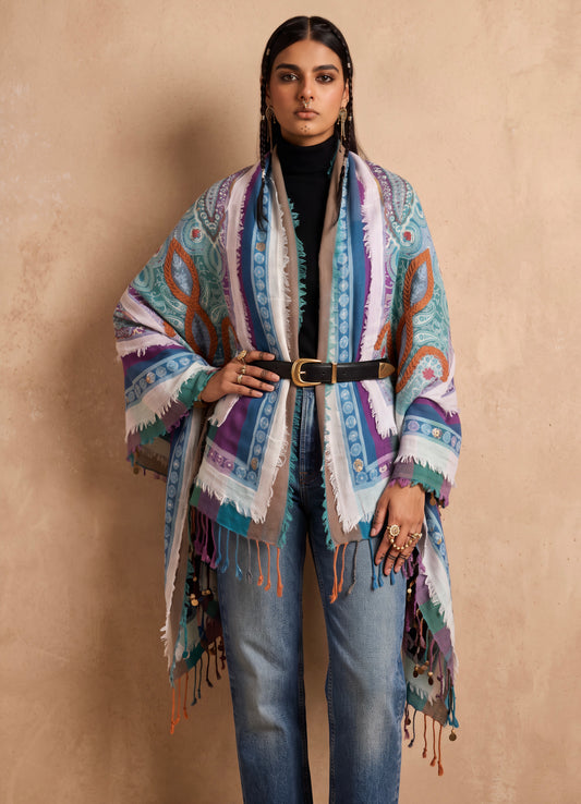 Tanvi Artisan 3 Layers Wool Scarf| Blue Green